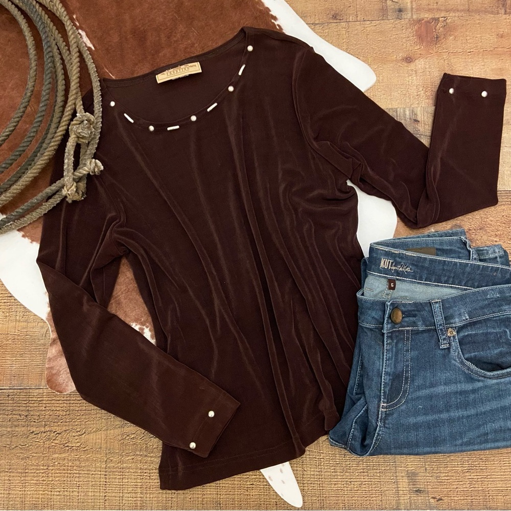 Shimmery Dark Brown Top with Silver Beading at Neckline + Wrists